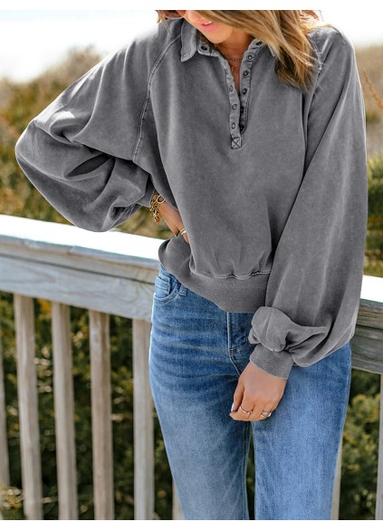 Casual solid color lantern sleeve sweatshirt