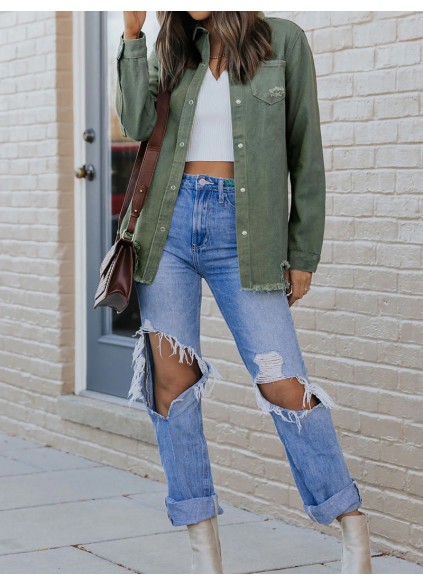 Casual solid color long sleeve denim jacket