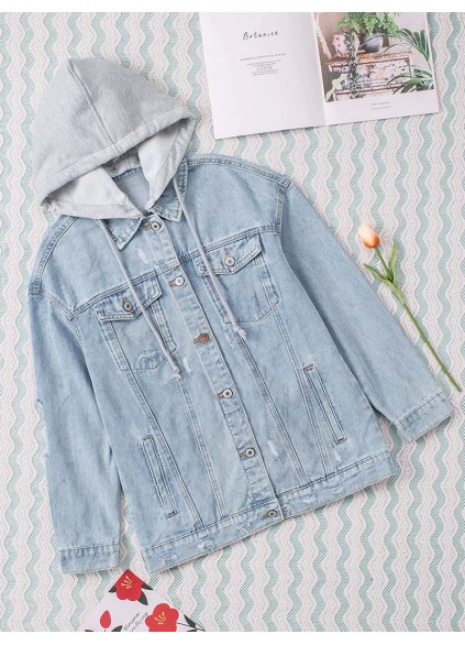 Casual solid color patchwork hooded denim jacket