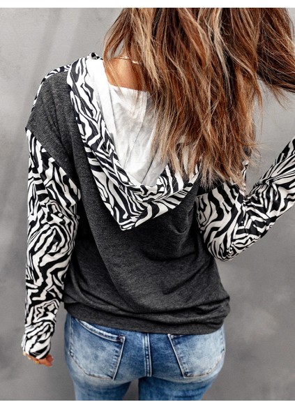 Casual zebra print patchwork zipper sweatshirt