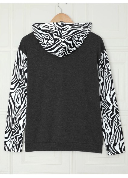 Casual zebra print patchwork zipper sweatshirt