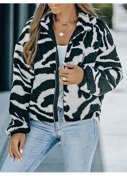 Casual zebra print sherpa jacket