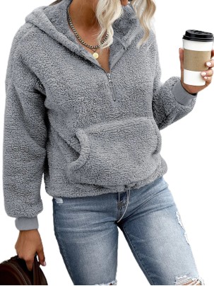 Casual zipper sherpa solid color hoodie