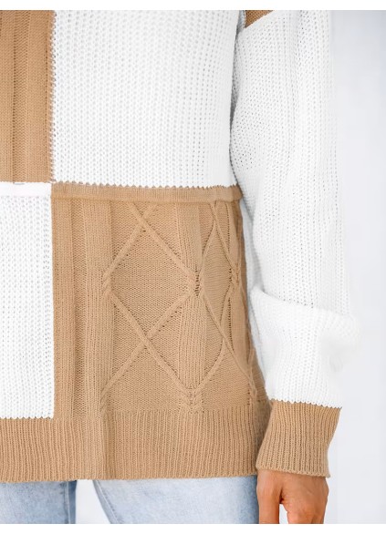 Check color block cable knit sweater