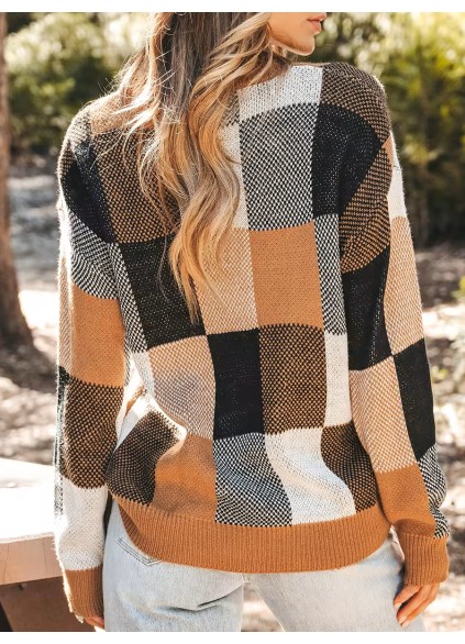 Checked color-blocked drop-sleeve sweater