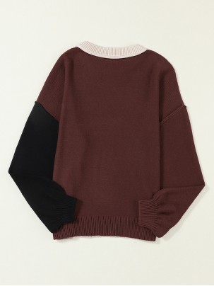 Coffee Colorblock Bishop Sleeve Ribbed Trim Sweater