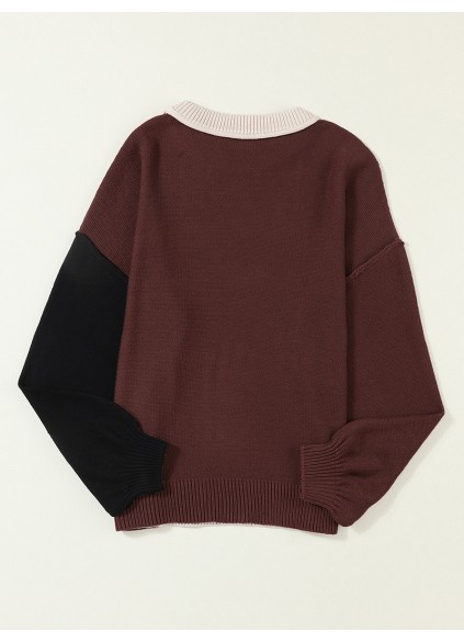 Coffee Colorblock Bishop Sleeve Ribbed Trim Sweater