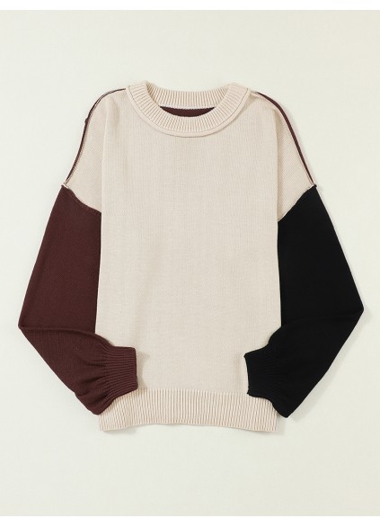 Coffee Colorblock Bishop Sleeve Ribbed Trim Sweater