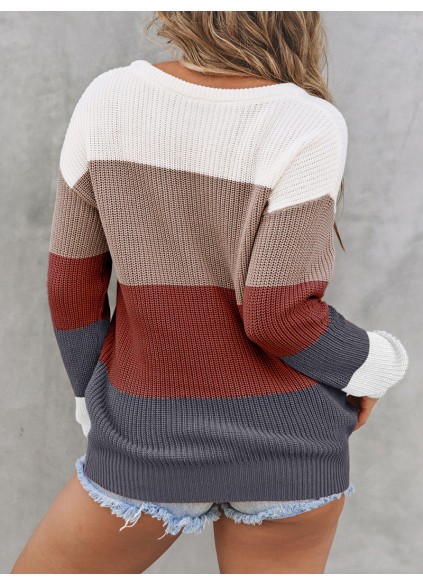 Color Block Knitted O-neck Pullover Sweater