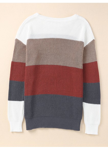 Color Block Knitted O-neck Pullover Sweater