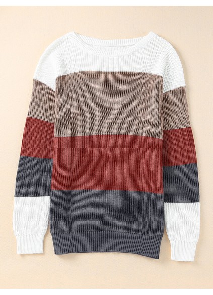 Color Block Knitted O-neck Pullover Sweater