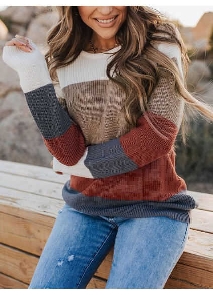 Color Block Knitted O-neck Pullover Sweater