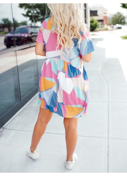 Contrast geometric pattern pleated dress