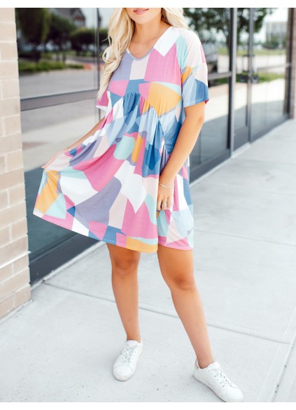 Contrast geometric pattern pleated dress