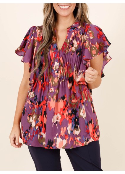 Contrast pattern ruffled short sleeved shirt