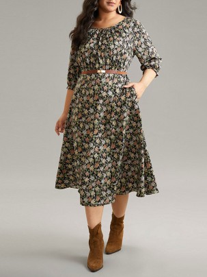 Crew-neck spliced plus-size floral dress for women