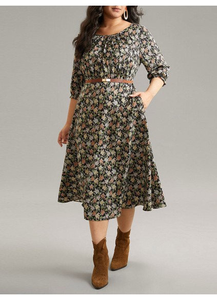 Crew-neck spliced plus-size floral dress for women