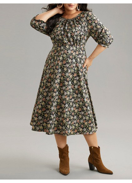 Crew-neck spliced plus-size floral dress for women