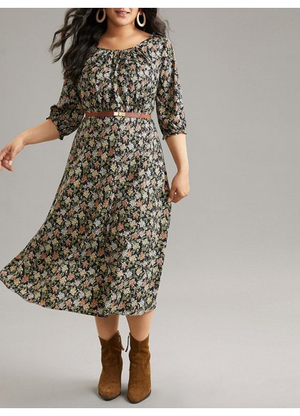 Crew-neck spliced plus-size floral dress for women