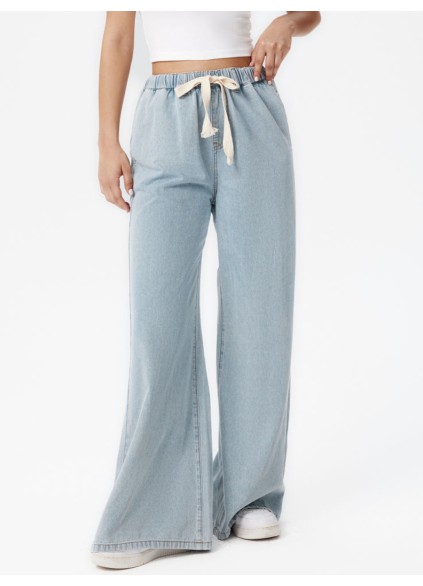 Denim High Waist Solid Tie Front Wide Leg