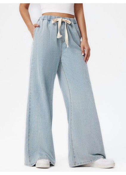 Denim High Waist Solid Tie Front Wide Leg