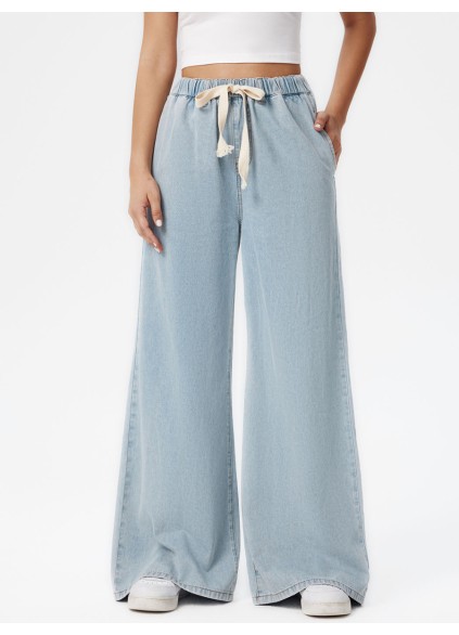 Denim High Waist Solid Tie Front Wide Leg