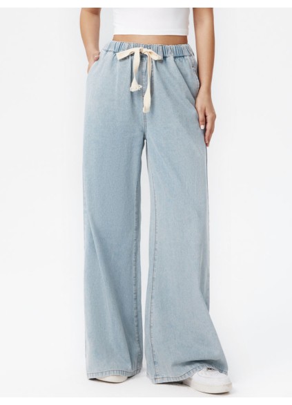 Denim High Waist Solid Tie Front Wide Leg