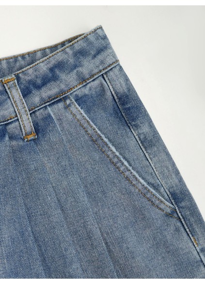 Denim Pleated Straight Leg Jeans