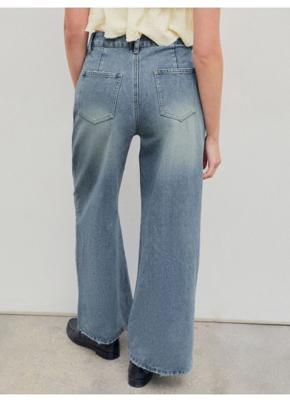 Denim Pleated Straight Leg Jeans