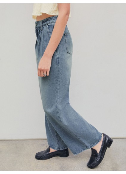 Denim Pleated Straight Leg Jeans