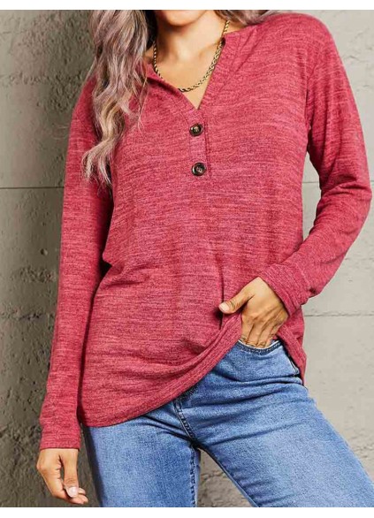 Buttoned Notched Neck Long Sleeve Top