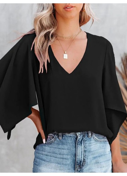 Elegant black loose V-neck shirt