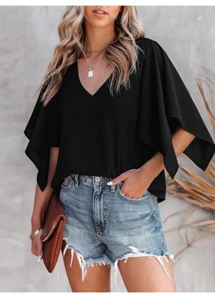 Elegant black loose V-neck shirt