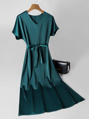 Elegant simple satin V-neck dress for women