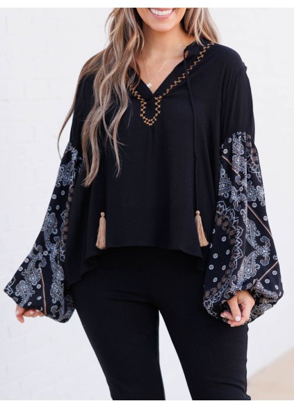 Embroidered lace up lantern sleeve shirt with patchwork cashew pattern