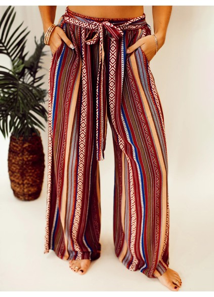 Ethnic pattern stripe pattern with waistband wide leg pants