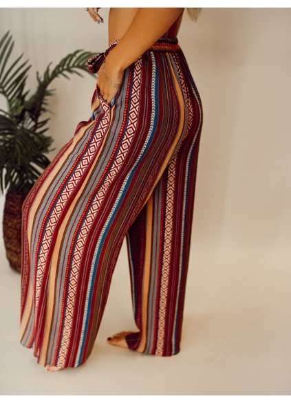 Ethnic pattern stripe pattern with waistband wide leg pants