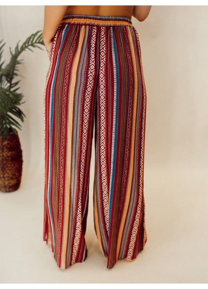 Ethnic pattern stripe pattern with waistband wide leg pants