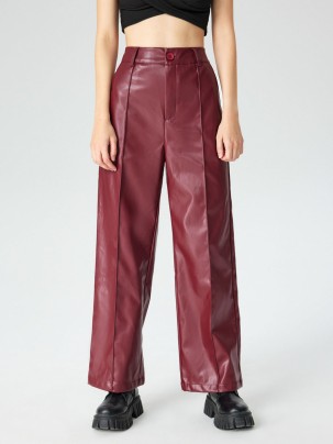 Faux Leather Solid High Waist Wide Leg Trousers