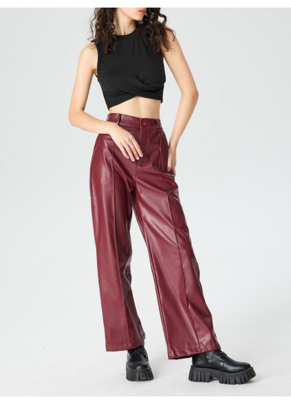 Faux Leather Solid High Waist Wide Leg Trousers