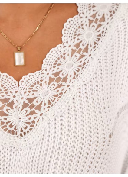 Floral lace pointelle-knit scalloped sweater