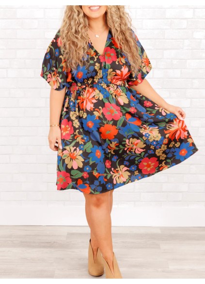 Floral Pattern Back Lace Up Waist Dress