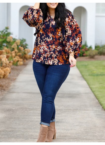 Floral pattern V-neck lantern sleeve shirt