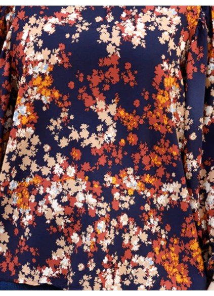 Floral pattern V-neck lantern sleeve shirt