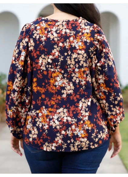 Floral pattern V-neck lantern sleeve shirt