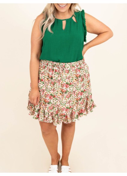 Floral Pattern Wooden Ear Edge Half Skirt