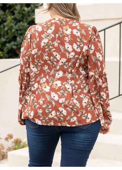 Floral Pattern Wooden Ear Edge Lantern Sleeve Shirt