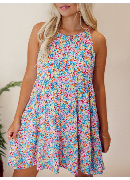 Floral patterned lace up hollowed out dress