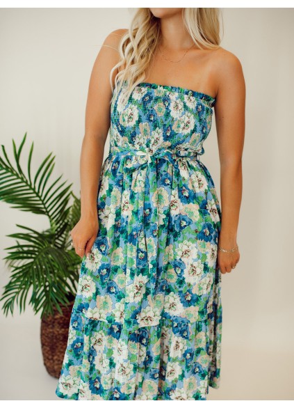 Floral patterned strapless mid length dress