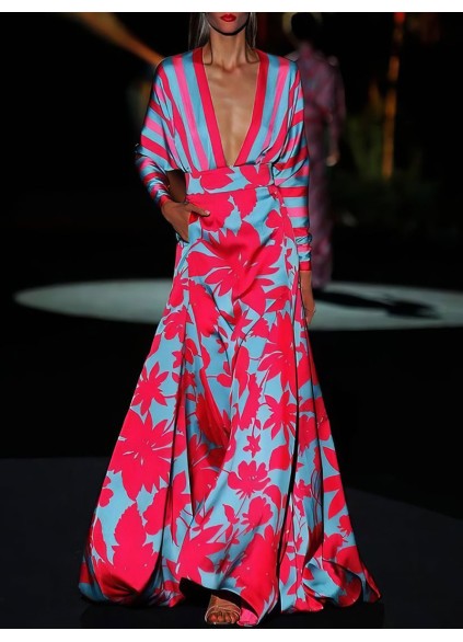 Floral Print Deep V-Neck Long Sleeve Floor Length Dress